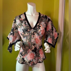 Select Black & Pink Sheer Floral Blouse with Bell Sleeves & Black Trim